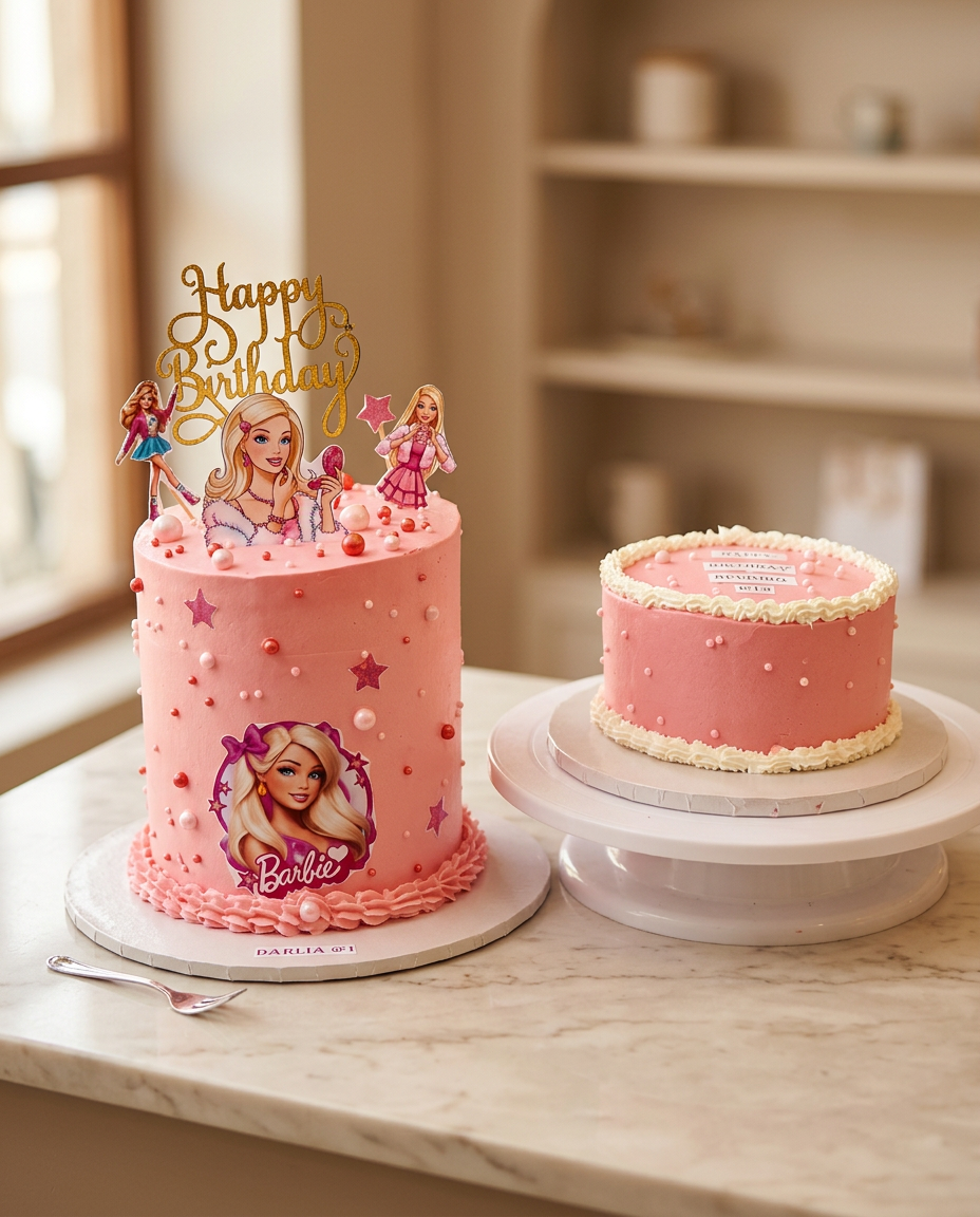 Two pink celebration cakes by Unique Bakery