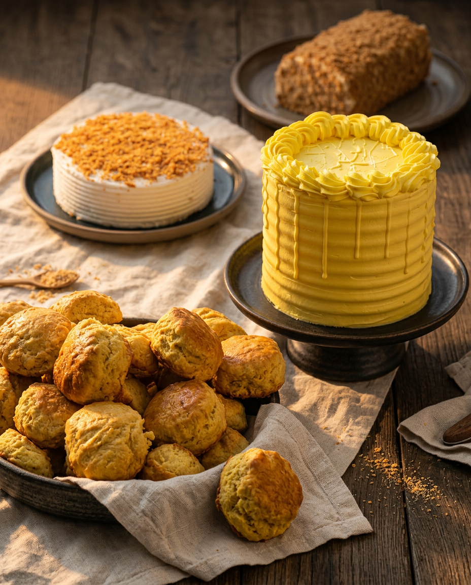 Golden scones with handcrafted cakes